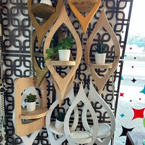 Handmade wood plant hanger vintage atomic retro vertical eye shape boho white - Picture 8 of 8